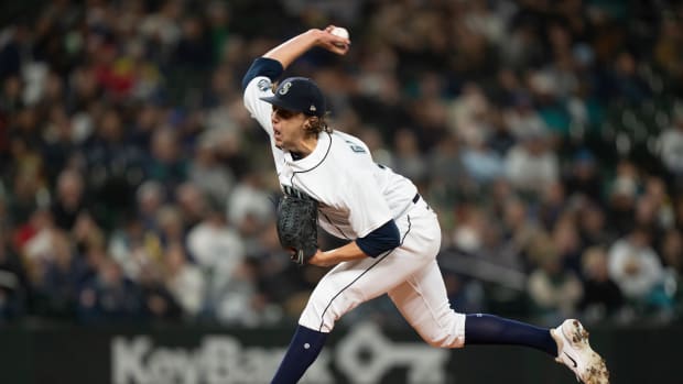 Sep 28, 2023; Seattle, Washington, USA; Seattle Mariners starter Logan Gilbert (36) delivers a pitch during the second inning against the Texas Rangers at T-Mobile Park. Mandatory Credit: Stephen Brashear-USA TODAY Sports  